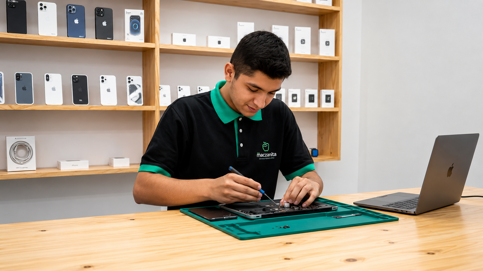 Técnico certificado de Maczanita reparando un iPhone en laboratorio
